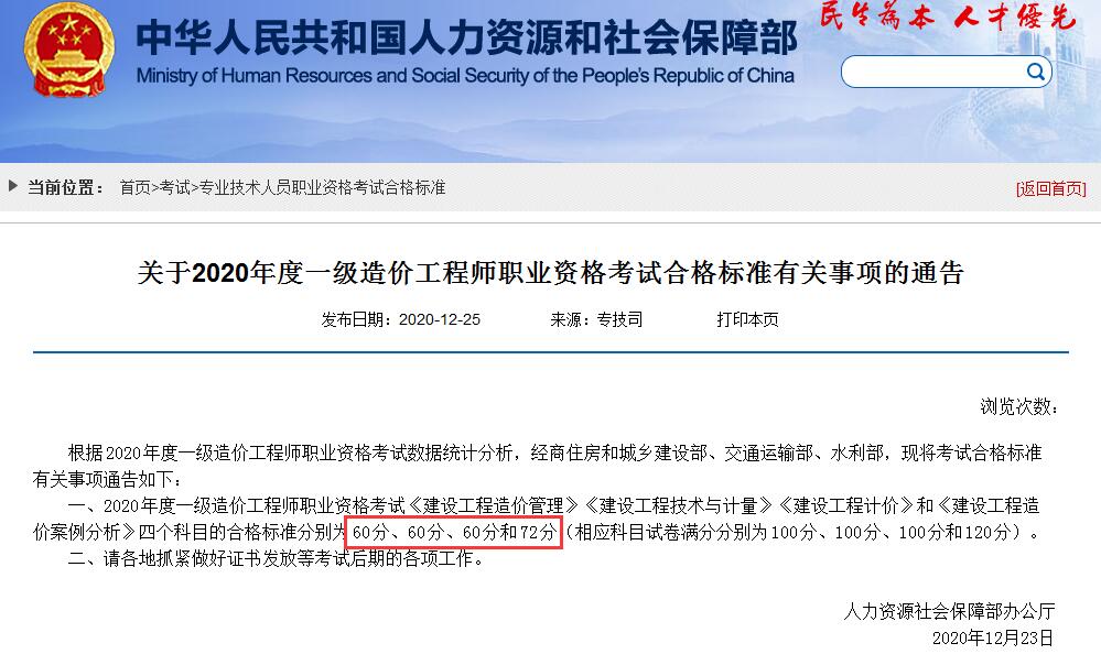 環球網校2020年湖南造價工程師考試科目合格標準