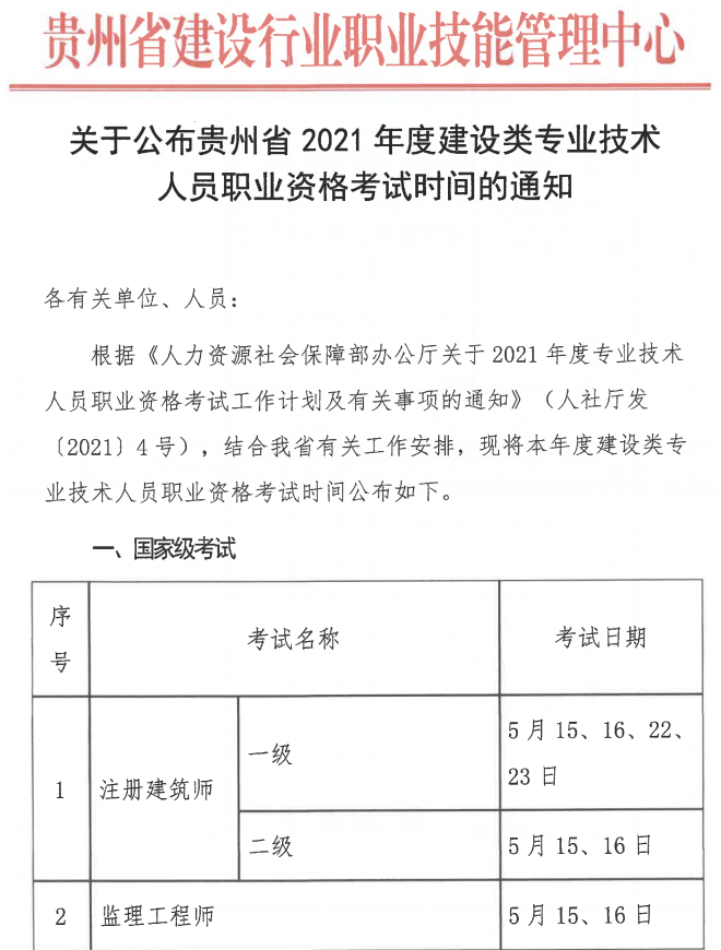 2021貴州二建考試時間
