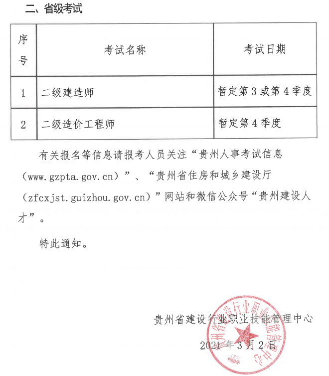 2021貴州二建考試時間